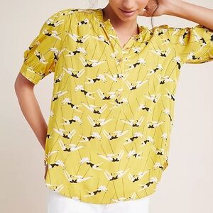 Anthropologie Yellow Blouse with Bird Print